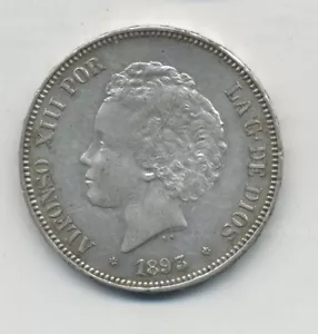 Spain España 5 Pesetas 1893 PGL Star 18 93 KM 700 aUNC/XF+ - Picture 1 of 4