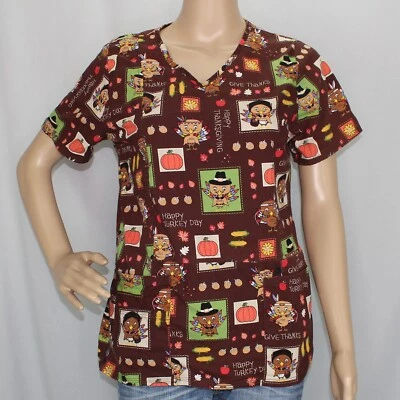 ScrubStar Thanksgiving Themed Short Sleeve XS Scrub Top Turkeys - Image 1 of 4