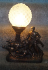 Antique 1930s THE HUNTER Spelter Figural Lamp & Cut Crystal Diamond Point Shade