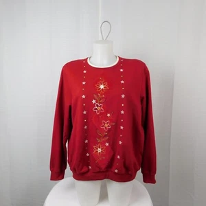 Alfred Dunner Floral Embroidered Beaded Grandma Sweatshirt Red Large #1549 - Picture 1 of 9