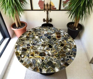 Natural Black Agate Coffee Table Top Side Table, Agate Console Table Home Decor - Picture 1 of 6