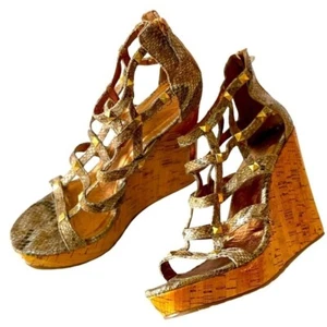 Coconuts Women's Wedge Sandals Platform Heels Gold Studded Snakeskin, 8M - Picture 1 of 9
