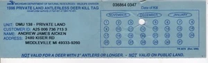 1996 MICHIGAN DNR ANTLERLESS DEER BACK TAG KILL TAG -MICHIGAN DEER-BEAR - Picture 1 of 1