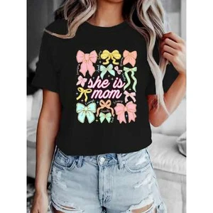 Women's bow and letter printed T-shirt,round neck short sleeved T-shirt - Picture 1 of 12