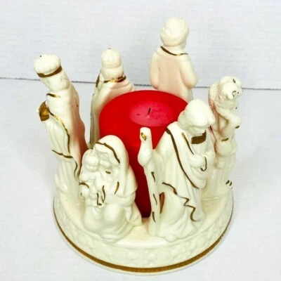 Christmas Nativity Scene Ceramic Candle Holder Ivory & Gold Circle of Life - Image 1 of 4