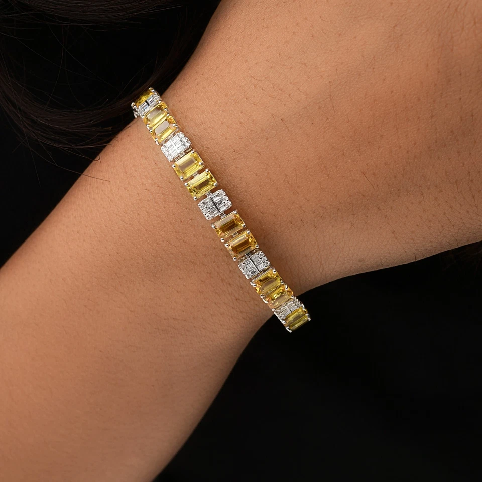 18.10 TCW Real H/SI Diamond Yellow Sapphire 14k White Solid Gold Charm Bracelet Foto 1 de 4