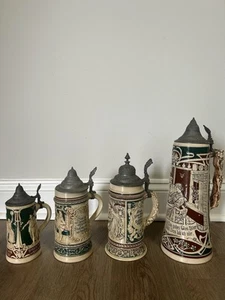 Antique Vintage German Ceramic Beer Steins with Lids - Set Of 4 - See Desc - Picture 1 of 24
