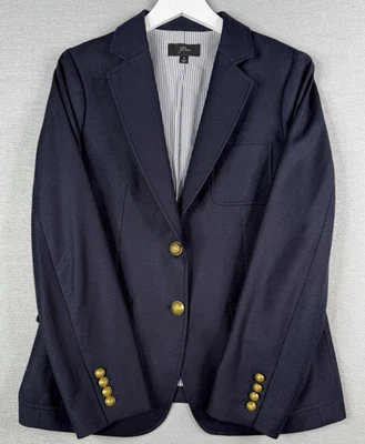 J. Crew Legacy Blazer 女式 12 码蓝色羊毛金色纽扣学术小学生 — 第 1/4 张图片