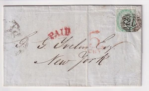 GB. QV. SG 73, 1/- pale green on entire to New York. 1858. - Bild 1 von 2