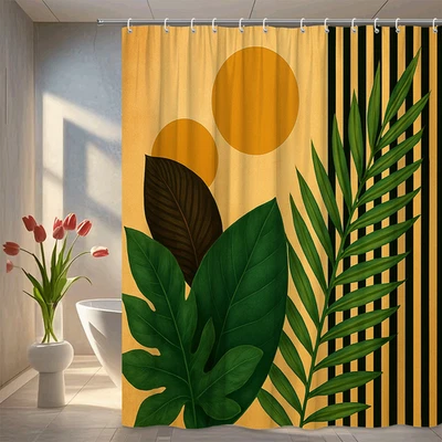 Cortina de Ducha Boho Tropical con Hojas Verdes y Diseño a Rayas Foto 1 de 4