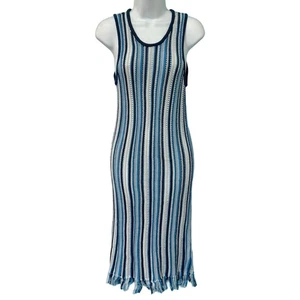 White + Warren Blue White Stripe Mercerized Cotton Fringe Midi Dress XS NEW Tags - Picture 1 of 10