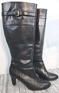 Ralph Lauren 8.5 B Full Zip Black Leather Boots Soft Buckle 3" Heels Susie - Picture 1 of 11