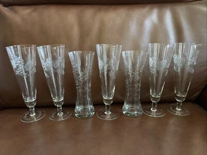 7 Yorktown Federal Glass FEG66 Etched Crystal 9.25", 8.25" Pilsner Beer Glasses - Picture 1 of 12