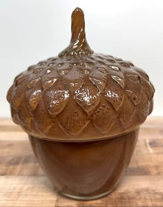 Vintage Amber Glass Acorn-Shaped Lidded Jar For Storage Or Candle Holder - Picture 1 of 7