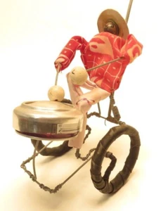 Folk Art Push~Pull Handled Toy "Clown on bike w Drum" Antique BC6A-317 - Picture 1 of 7