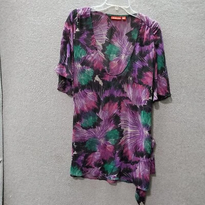 Elle Women Top XL Purple Floral Blouse Sheer Side Tie Ruched Sleeves Scoop Neck - Imagem 1 de 4