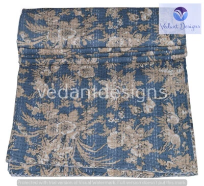 Indian Embroidery Kantha Quilt Bedspread Floral Throw Cotton Blue - Image 1 of 4