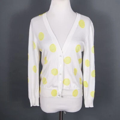 J Crew Button Cardigan Sweater Polkadots Beaded 100% Cotton White/yellow S/M - Image 1 of 4