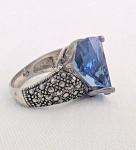 Chunky Cut Blue Stone Topaz? Ring Sterling Silver 925 Marcasite Sz 6.5 - Picture 1 of 13