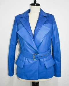 Women's Real Python Skin Trim Genuine Leather Lambskin Blue Biker Jacket - Picture 1 of 6