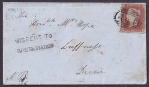 1850 Bristol PH 1d Red FJ Superb MISSENT TO/BRISTOL STATON Type BS180 Rarity F - Picture 1 of 2