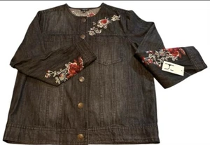 NWT Hannah Blue Floral Embroidered Button Up Women’s Large Denim Jacket Pockets - Picture 1 of 10