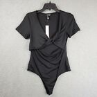 Aqua V Neck Cutout Bodysuit Womens Large Black Solid Short Sleeve Snap Closure And 