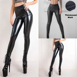 Womens Winter Warm Fleece Lined Leather Wet Look Leggings Stretch Skinny Pants - Picture 1 of 30