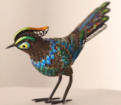 Antigua estatuilla china de pájaro pavo real azul filigrana y esmalte de plata 925 de 1900 Foto 1 de 4