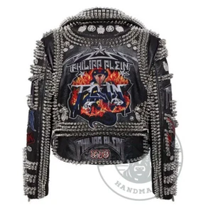 Handcrafted Men's Heavy Spiked Studded, Patches Punk Fashion Leather Jacket - Picture 1 of 6