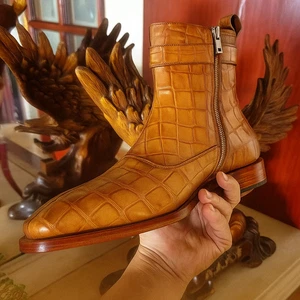 Men's Handmade Brown Crocodile Pattern Leather Boots Formal Dress Genuine Shoes - Picture 1 of 5
