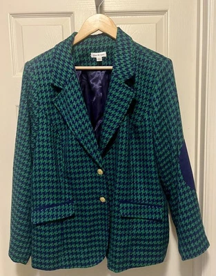 Joan Rivers Blazer Women's 24 Green Navy Houndstooth Elbow Patch Lined Jacket - Image 1 of 4