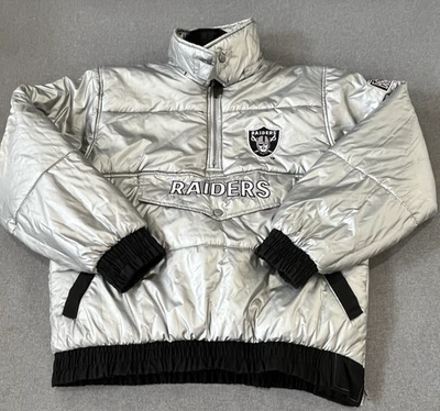 Oakland Raiders Pro Player Reversible Puffer Jacket Shield Logo Silver Black Med - Image 1 of 4