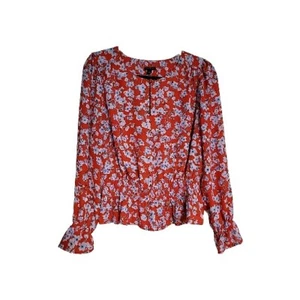 Ann Taylor Floral Peplum Blouse Red And Blue Keyhole Neck Size Medium - Picture 1 of 9