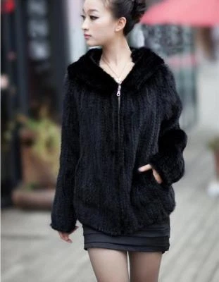 Casaco de pele de vison 100% malha DailyOutwear jaqueta com capuz clássico café quente/preto - Imagem 1 de 4