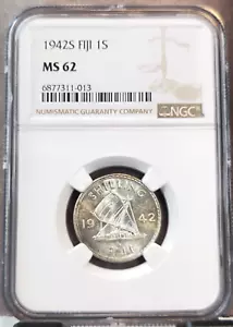 1942 FIJI SILVER 1 SHILLING GEORGE VI OUTRIGGER VESSEL NGC MS 62 NICE COIN - Picture 1 of 3