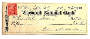 Chemical National Bank New York 1899 Signed 2¢ Cent Stamped Checks Money - Picture 1 of 1