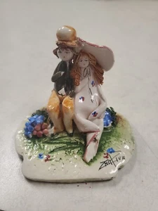 Lino Zampiva SIGNED figurine hand made painted ITALY couple sitting tree trunk. - Picture 1 of 9