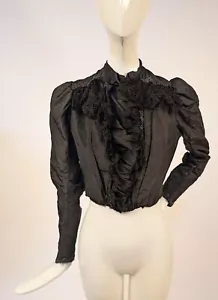 GOTHIC VICTORIAN 1890’S BLACK SILK BODICE W JET BEADING + LACE RUFFLES - Picture 1 of 5