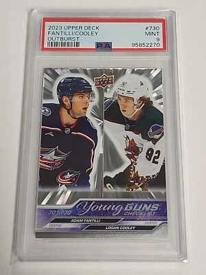 2023-24 Upper Deck #730 Adam Fantilli Logan Cooley Young Guns Outburst PSA 9 - Image 1 of 4