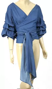 Top Garcia Wrap Around Denim Azul Volantes Cascada Manga S Nuevo con Etiquetas - Imagen 1 de 4
