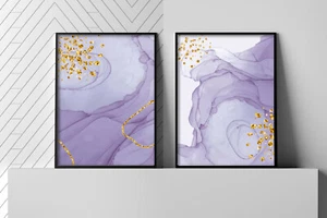 Abstract wall prints, marble effect contemporary wall decor, purple and gold - Picture 1 of 6