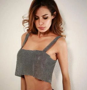 Sparkly Draped Crystal Chainmail Club Party Rhinestone Metal Halter Bra Crop Top - Picture 1 of 7