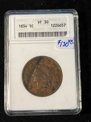 1834 CORONET HEAD ONE CENT ANACS VF 30 657 Cover
