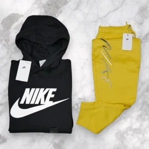 Authentic Nike 2 Piece Sweatsuit Mens Size 2XL Fleece Tracksuit Black/Yellow - Picture 1 of 12