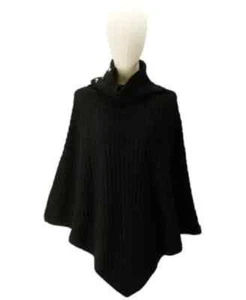 Michael Kors Womens Wide Rib Button Turtleneck Poncho Black ONE SIZE **NEW** - Picture 1 of 3