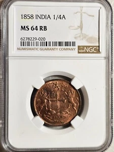 India 1/4 Anna 1858 NGC MS 64 RB - Picture 1 of 2