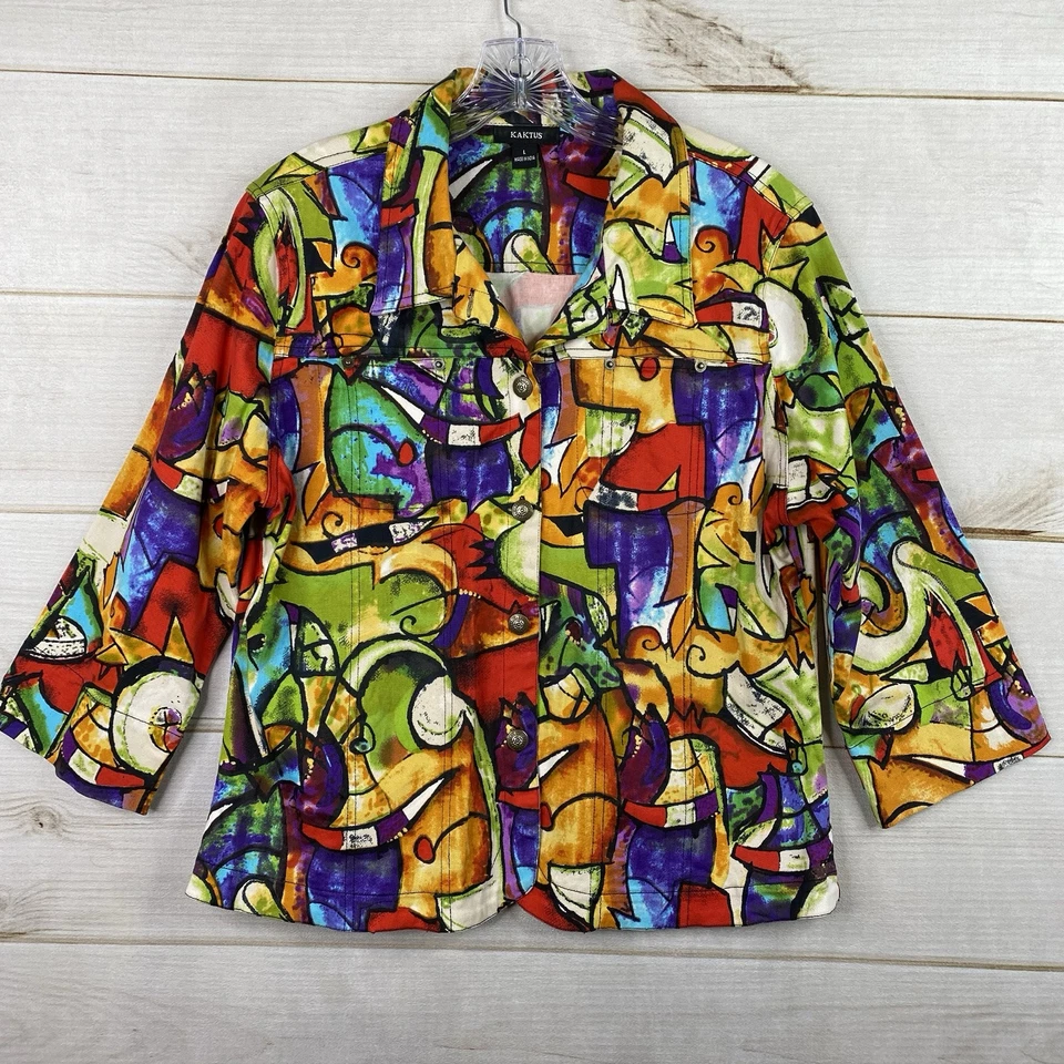 Chaqueta De Colección KAKTUS Picasso Para Mujer L Colorida Arte Para Usar Años 80 Algodón Elástico Foto 1 de 4