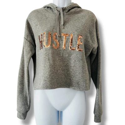 Rue 21 Hustle Gris Pullover Sudadera con Capucha Recortada Sudadera XS Lentejuelas Oro Rosa Foto 1 de 4