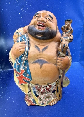 Vtg Japanese Kutani HOTEI BUDDHA Statue God of Happiness 10 in tall Gilded - Image 1 of 4